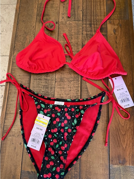 Target Other - Red Triangle Bikini Top with Cherry Print Bottom top size medium, bikini XXS